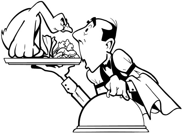 Waiter looking at live food on tray vinyl decal. Customize on line. Restaurants Bars Hotels 079-0390